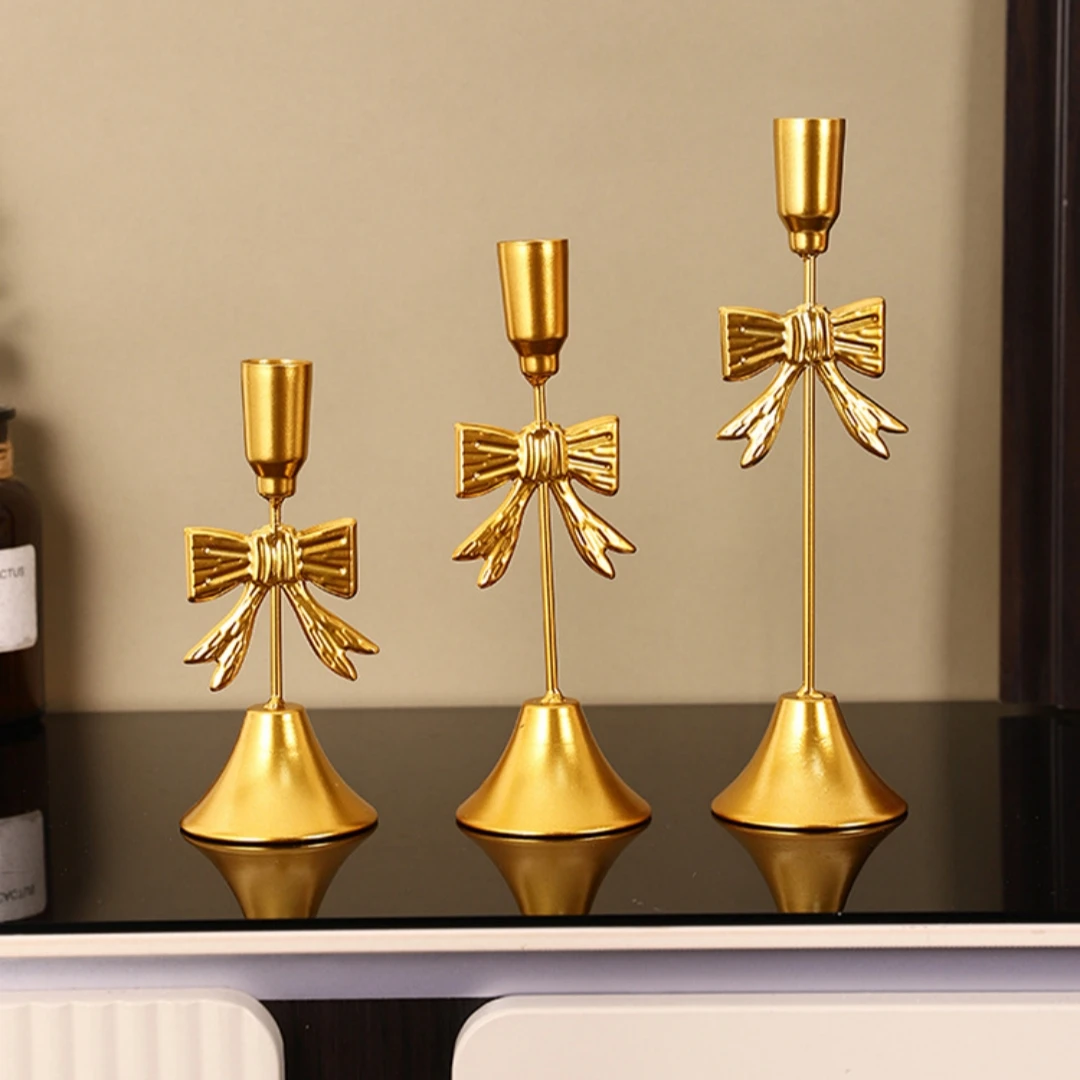 Table Decor Candle Holder Intricate Christmas Golden Bow Candle Holder Festive Bow Candlestick Golden Light Luxury Candle Holder