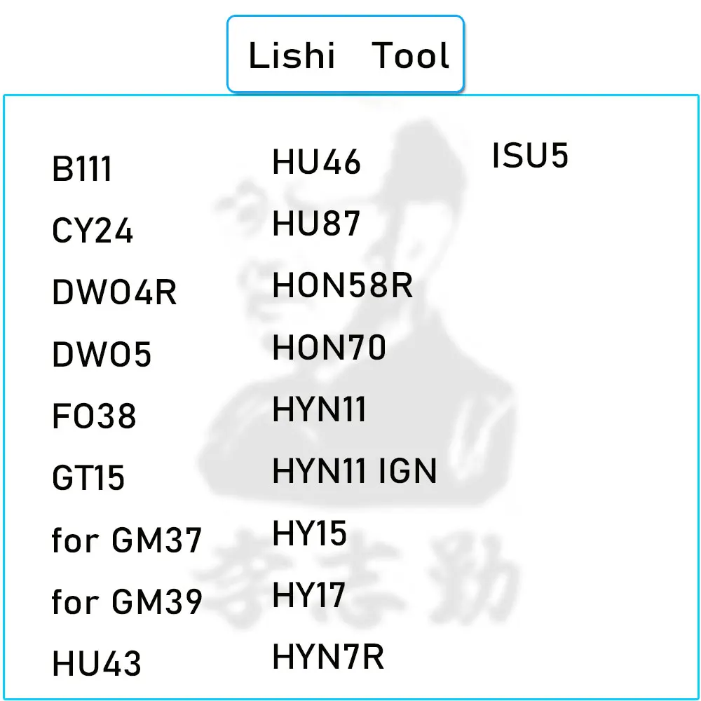 

Lishi 2 in 1 Tool B111 CY24 FO38 DWO4R DWO5 GT15 for GM37 GM39 HU43 HU46 HU87 HON58R HON70 HYN11 HY15 HY17 HYN7R ISU5