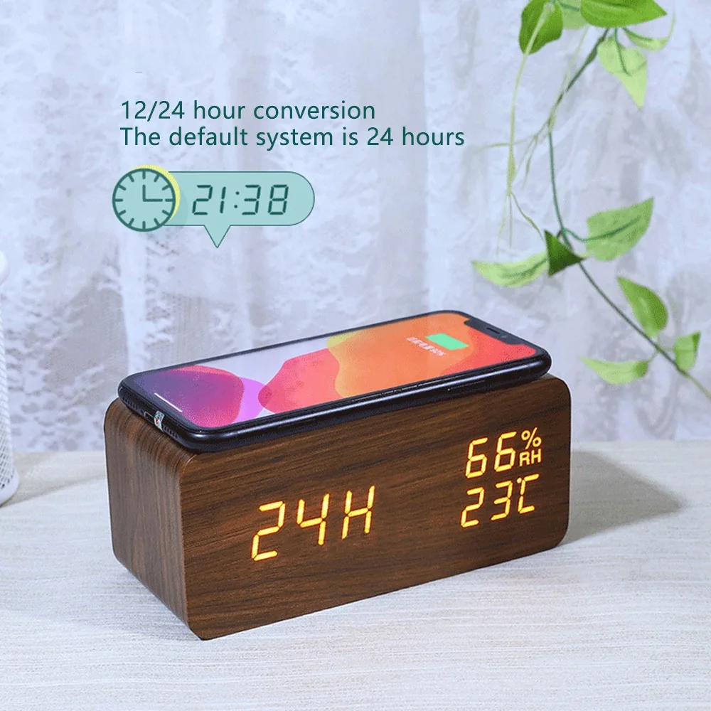 Reloj despertador Digital, reloj despertador de temperatura y humedad, reloj electrónico LED, teléfono inteligente, cargador inalámbrico (Color madera)