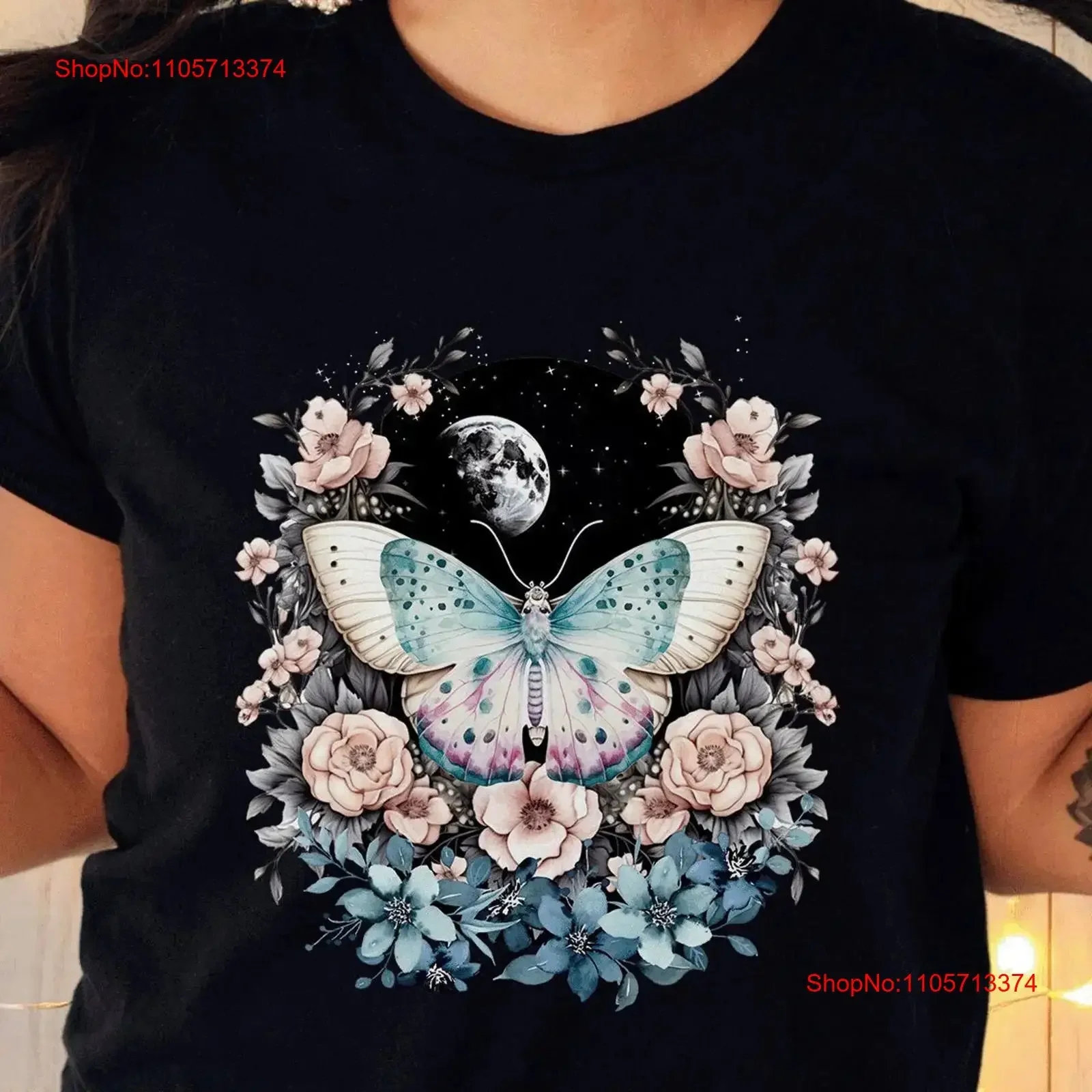 Whimsigoth Dreamy Boho Luna Moth T Shirt Celestial Lunar Botanical Floral Cottagecore Premium Crewneck vintage Washed Stretched