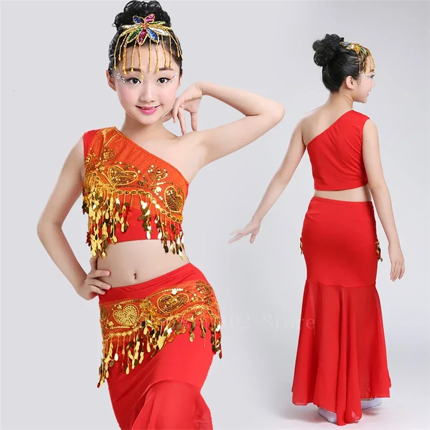 Children Oriental India National Girl Sequins Shoulder Off Tail Belly Skirt Bellydance Costume Egypt Performance Pratice Clothes