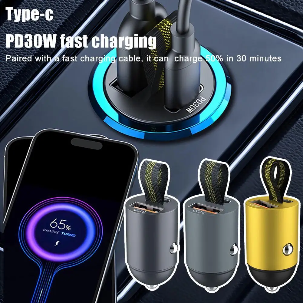 

Hidden Car Charger 30W Mini Car Fast Charger Dual Fast Charging Channel Aluminum Alloy Car Cigarette Lighter