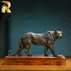 Elegant Bronze Walking Leopard Statue Antique Wildlife Bronze Cheetah Sculpture With Wood Base For Home Decor Craft Gifts