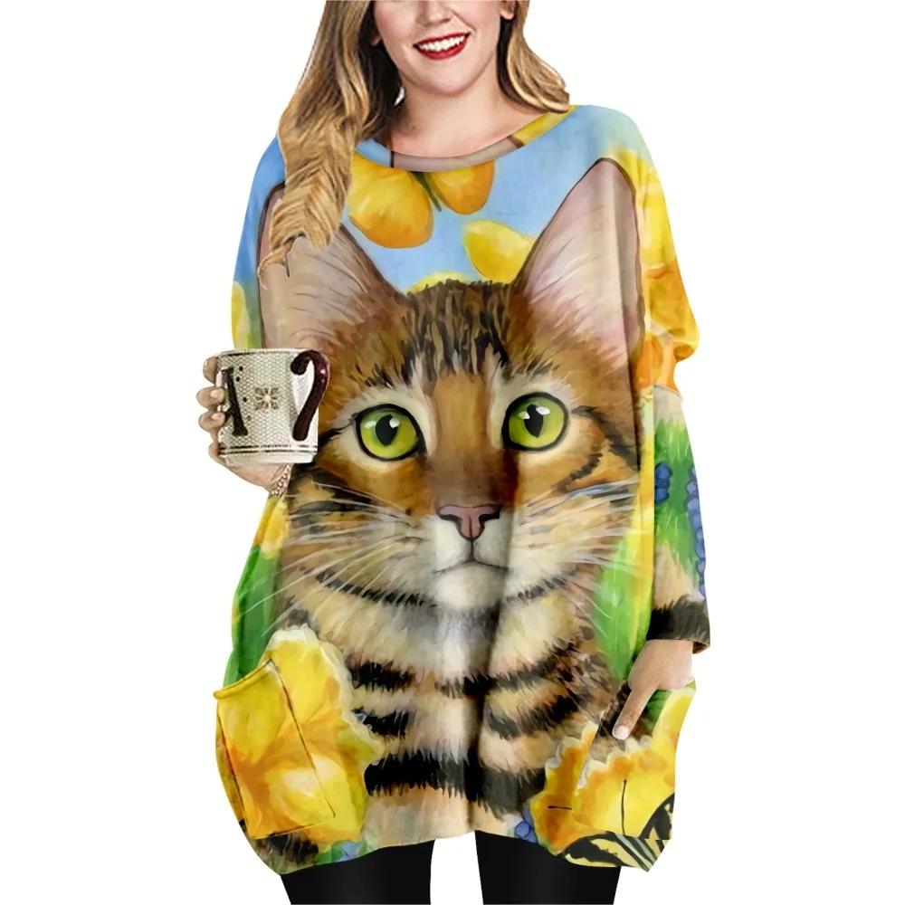 SOJINM Cat Print T-shirt Female Summer Casual Vintage T-shirt Clothing Fashion Autumn Top Long Sleeve Blouse Oversized 6XL