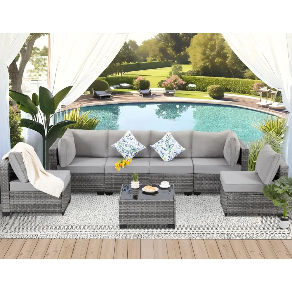 

7 Pieces Outdoor Patio Furniture Set, Wicker Sectional Sofa Set Rattan Modular Patio Conversation Sets with Cushions Couch Set