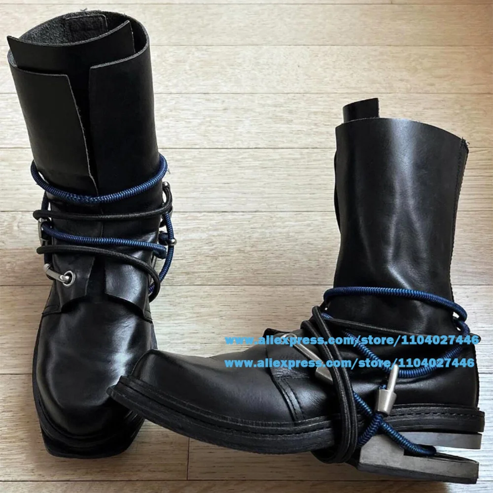 

Black Mountaineering Boots Wire Wrapped Men's Boots with Black and Blue Elastic High-Top Booties Thick Soled Handmade Men Boots