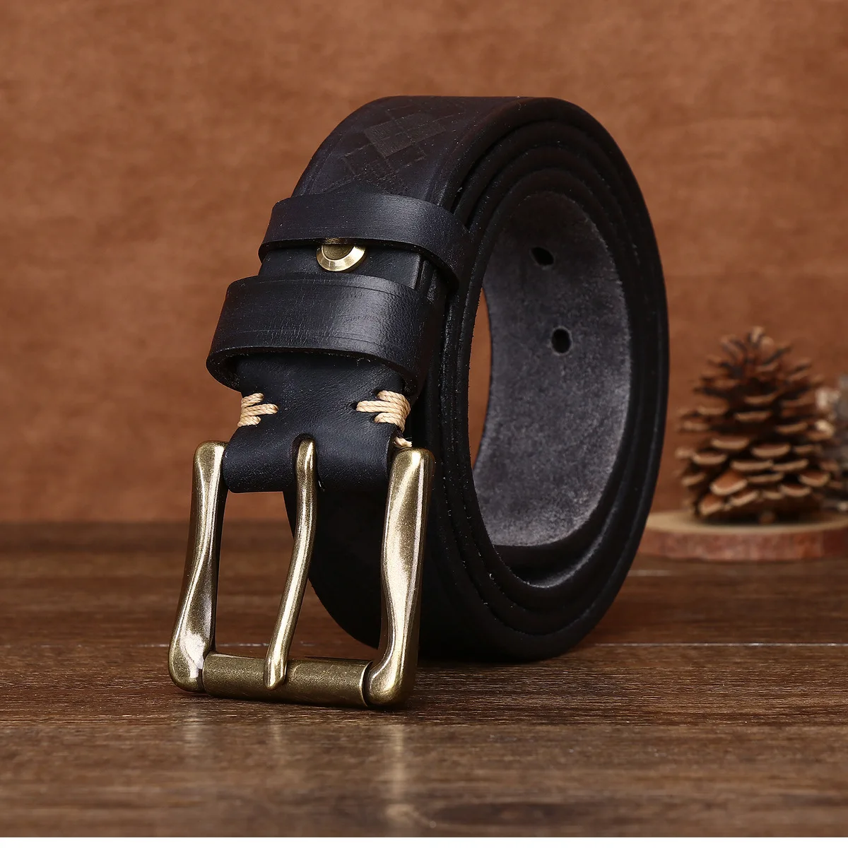 حزام سميك من الجلد الطبيعي للرجال، حزام منقوش بالليزر عصري وعصري، حزام عريض من جلد البقر النقي 3.8 سم