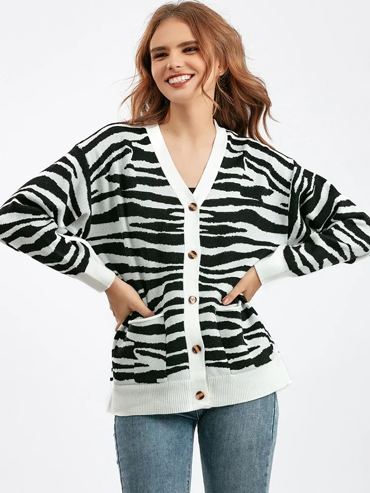 Zebra Print Cardigan Sweater Long Sleeve Jumper Women V Neck Loose Oversized Coat Casual Streetwear Knitted Cardigan Jacket