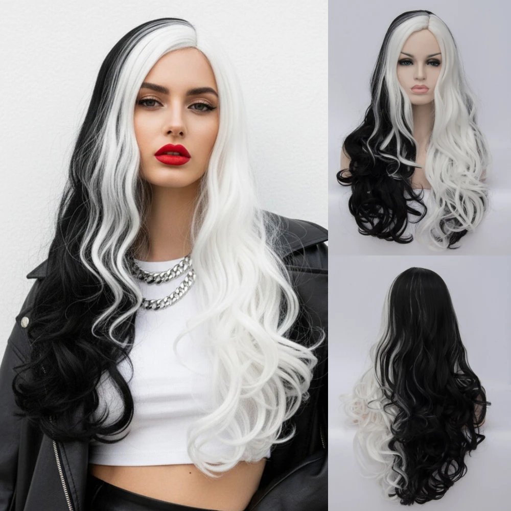 

Long Wavy Black And White Synthetic Wig Side Part Heat Resistant for Women Party Cosplay Daily Wear