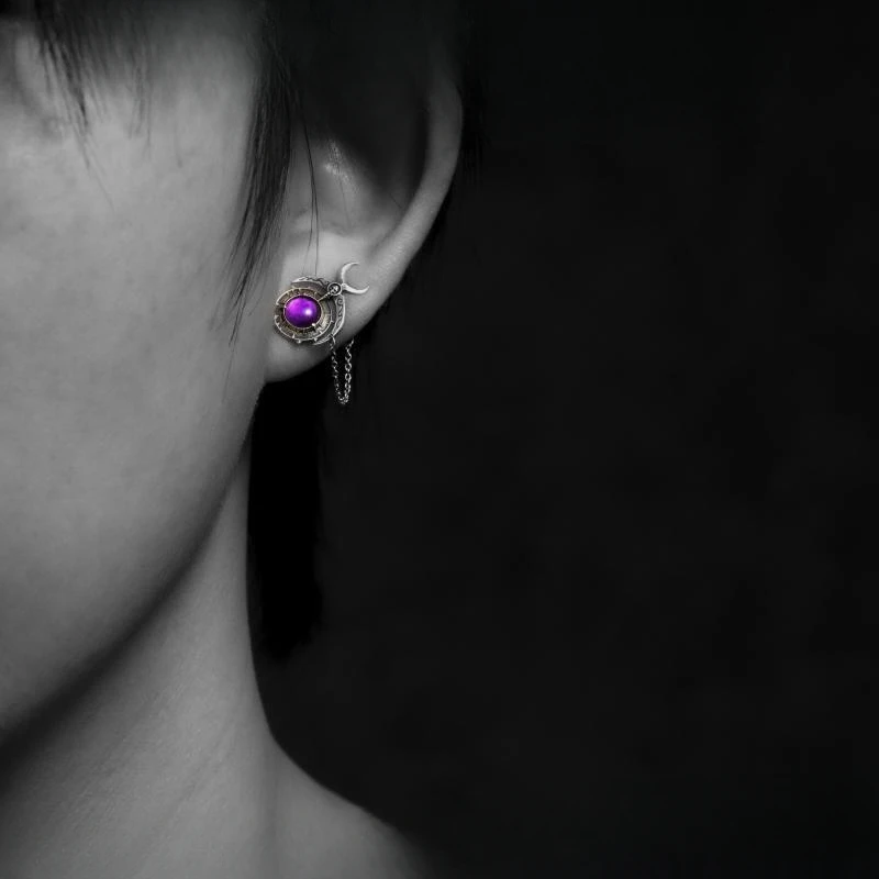 Europe America Retro Silver Color Adorned with Imitation Purple Gemstone Skull Planet Earrings UNISEX Punk Hip Hop Party Earring