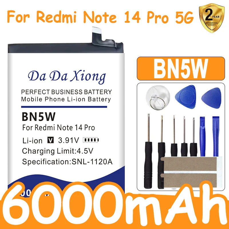 

DaDaXiong 2025 New Phone Battery BN5W 6000mAh For REDMI note 14pro with Free Tools Kits