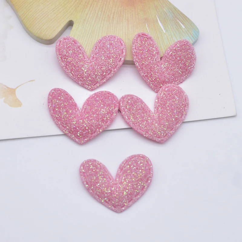 100Pcs 25*20mm Bling Heart Padded Glitter Fabric Appliques for DIY Headwear Bow Decor Accessories Crafts Clothes Sewing Patches