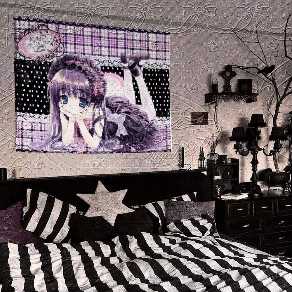 Pastell-Gothic Lila Anime Wandteppich, Niedliche Lolita-Mädchen Wandkunst, Gothic-Lolita Süße Dunkle Raumdekoration, Weicher Stoff-Wandteppich für Wohnheim
