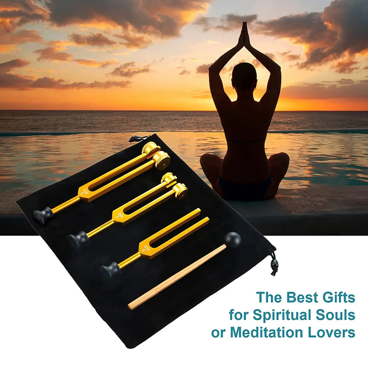 A47U 3Pack Tuning Fork Set(128Hz, 256Hz, 512Hz) Tuning Fork Kit for Healing, Chakra, Sound Therapy, Sonic Slider Fork (Gold)