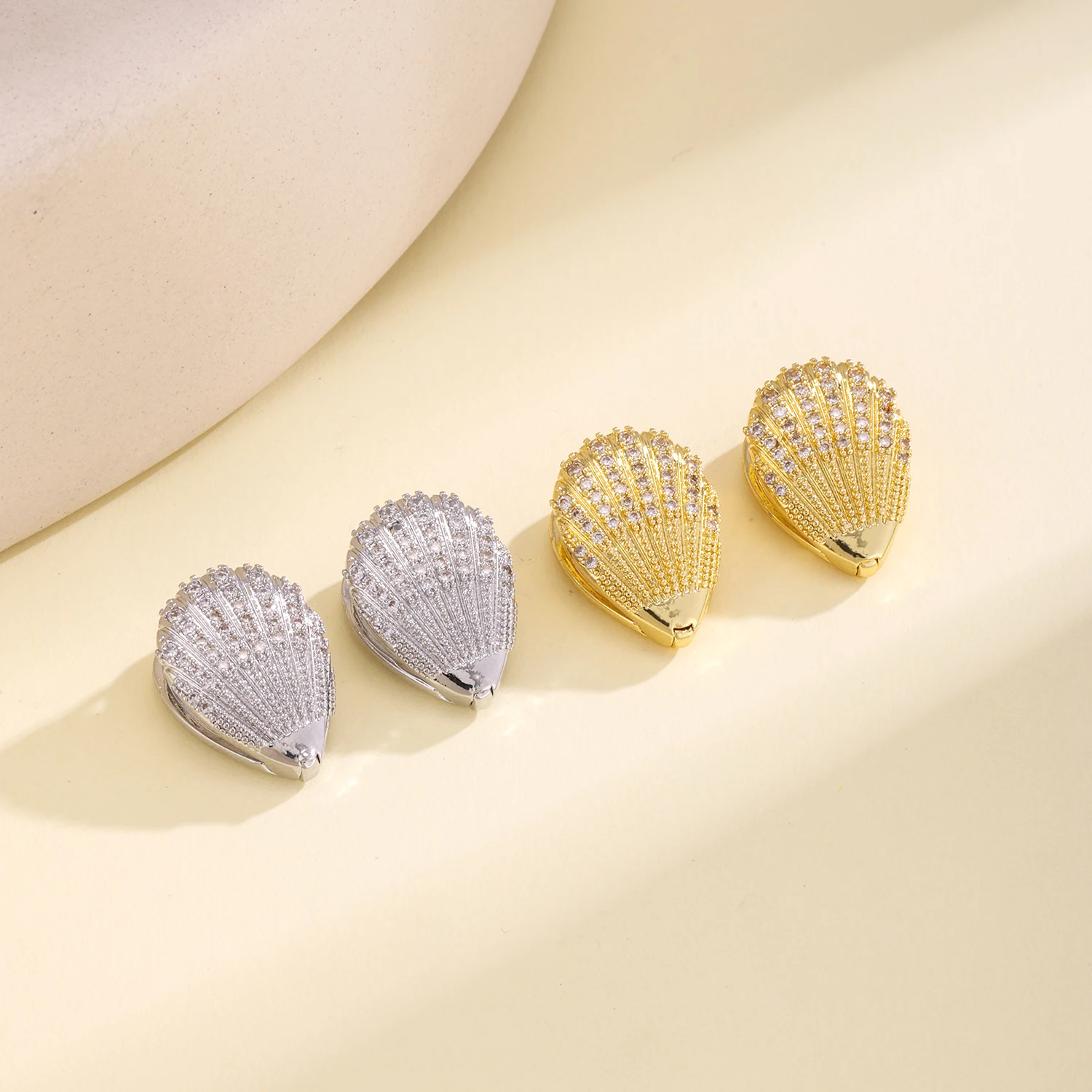 AIBEF Shell Shaped Full Paved CZ Clip On Earrings for Women Girls Sparkling Crystal No Piercing Statement Jewelry Gifts