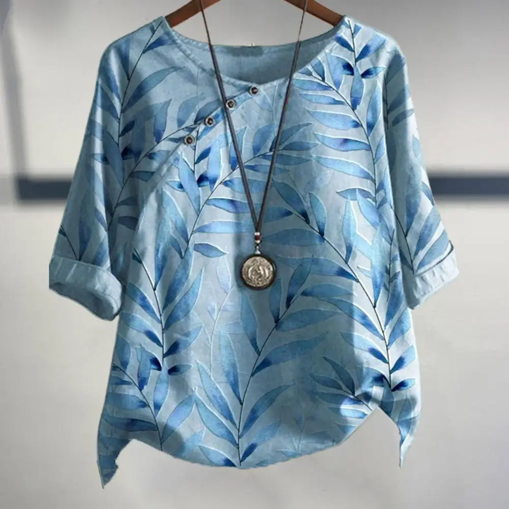 Soft Stretchy Women Top All Body Types Women Top Stylish Retro Leaf Print Women's Summer Shirt with Button Detail for A for A