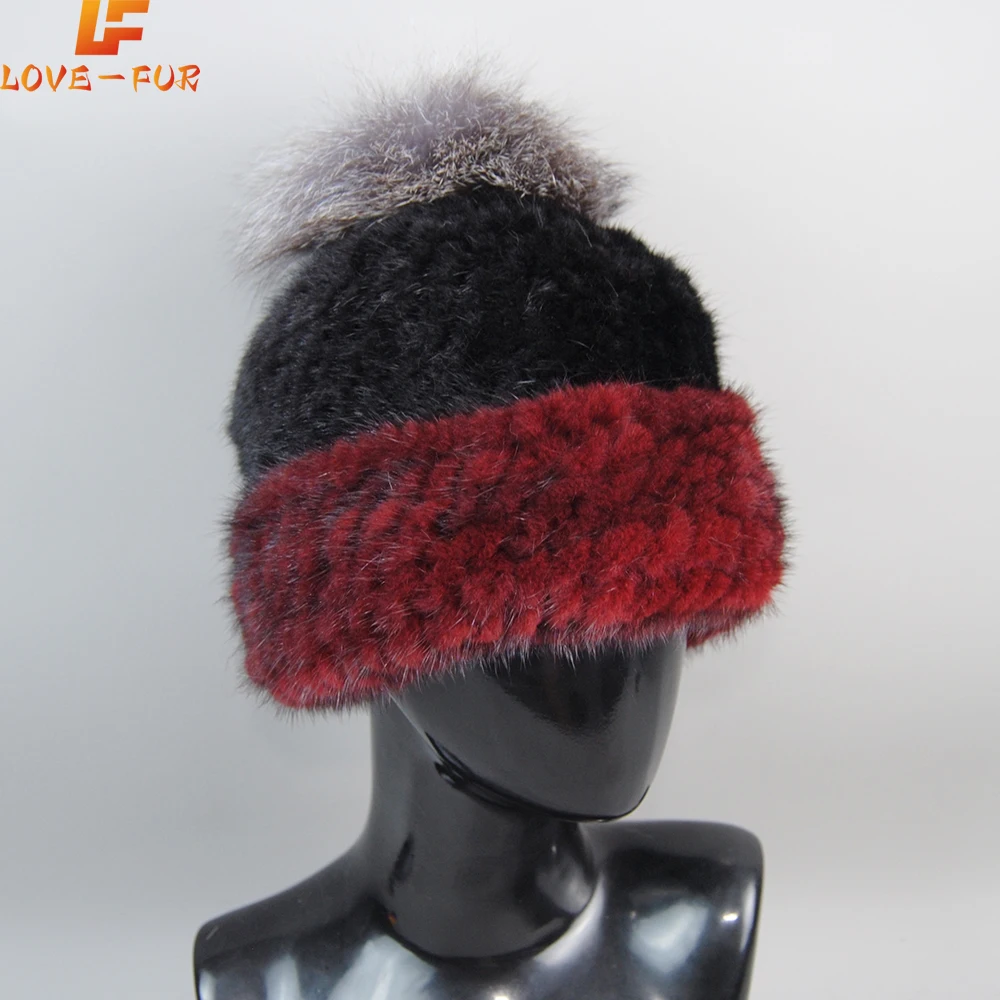 

Luxury Hand Knitted Winter Warm Women Real Mink Fur Bomber Hat Top Fox Fur Hats Lady Quality Elastic Real Mink Fur Caps