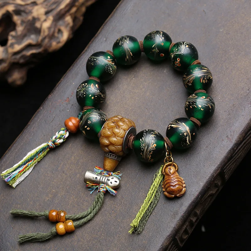 Natural Glass Tail Bracelet, Single-Loop Men'S Tibetan-Style Vintage Bone Three-Way Scorpion Copper Accessory Br