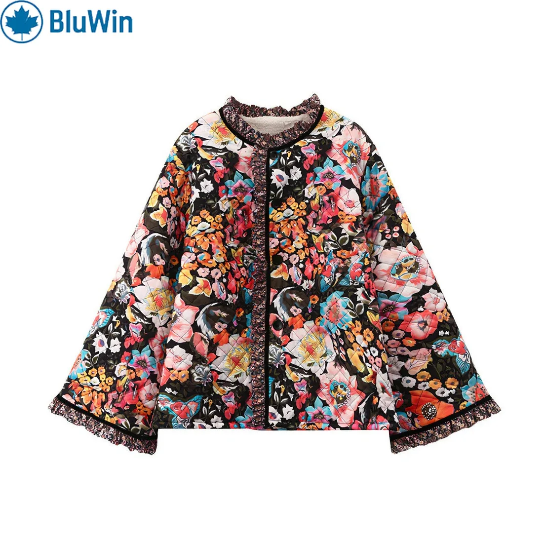 

URBANCHIC винтажная стеганая куртка в стиле бохо с цветочным принтом женская зимняя стеганая куртка с рукавами-колокольчиками и рюшами