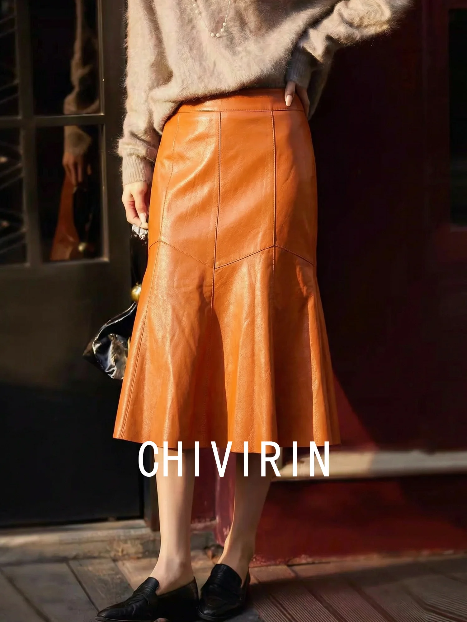 

Женская юбка миди Chivirin из искусственной кожи оранжевого цвета с высокой талией, новая коллекция весна-осень, теплая, А-силуэт, для повседневной носки