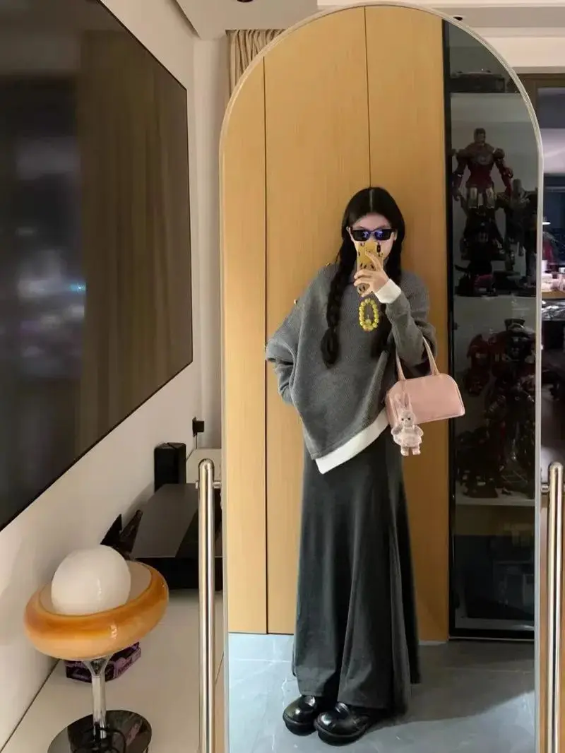 Korean Style Autumn Winter Women's College Style Long Skirt Sweater Cape Two Piece Set Lazy Fashion Ensemble Fish Tail Skirt