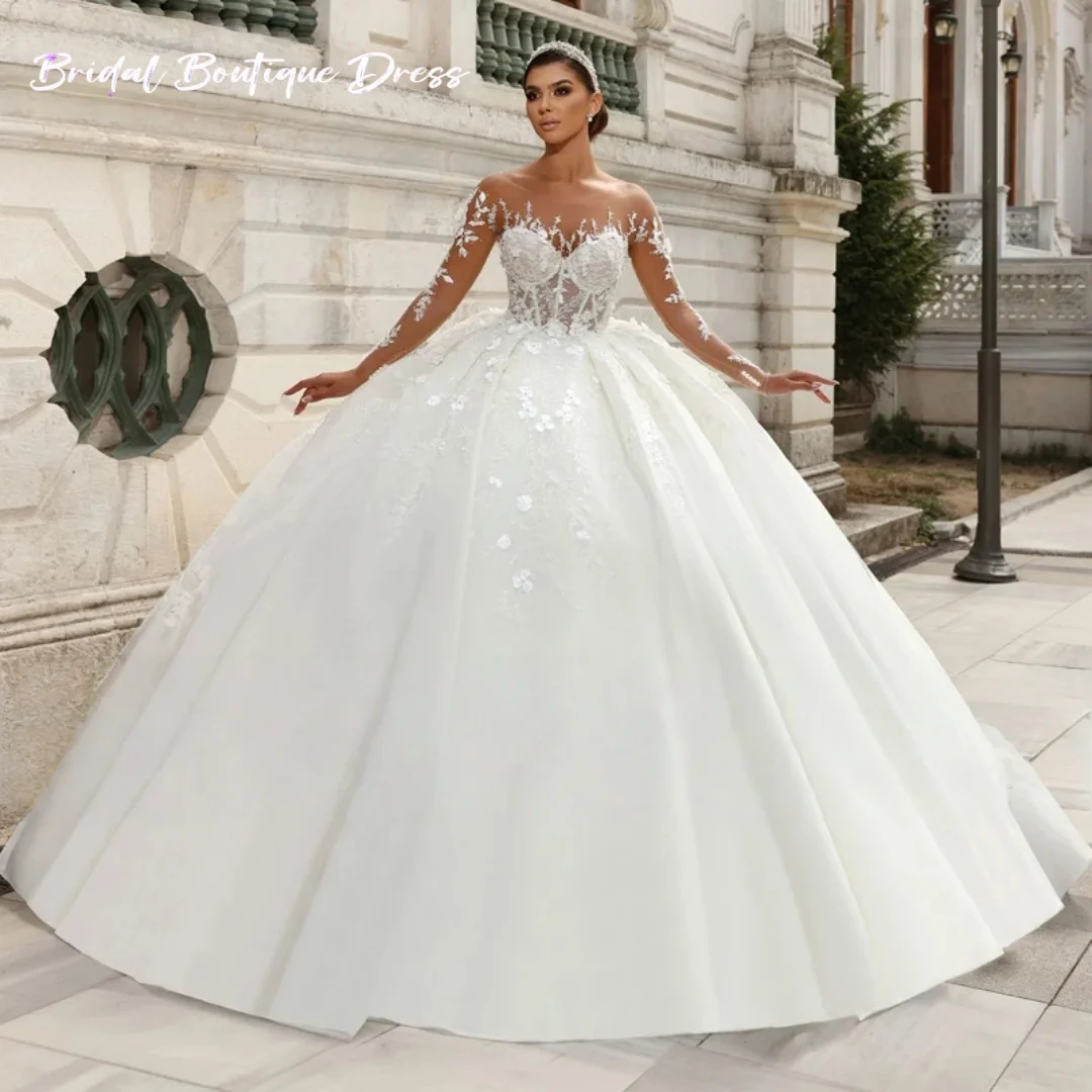 Maßgeschneiderte Luxuriöse U-Ausschnitt Langarm Ballkleid Hochzeit Party Kleid Perlen Applikationen Brautkleid Zug Vestido De Noiva
