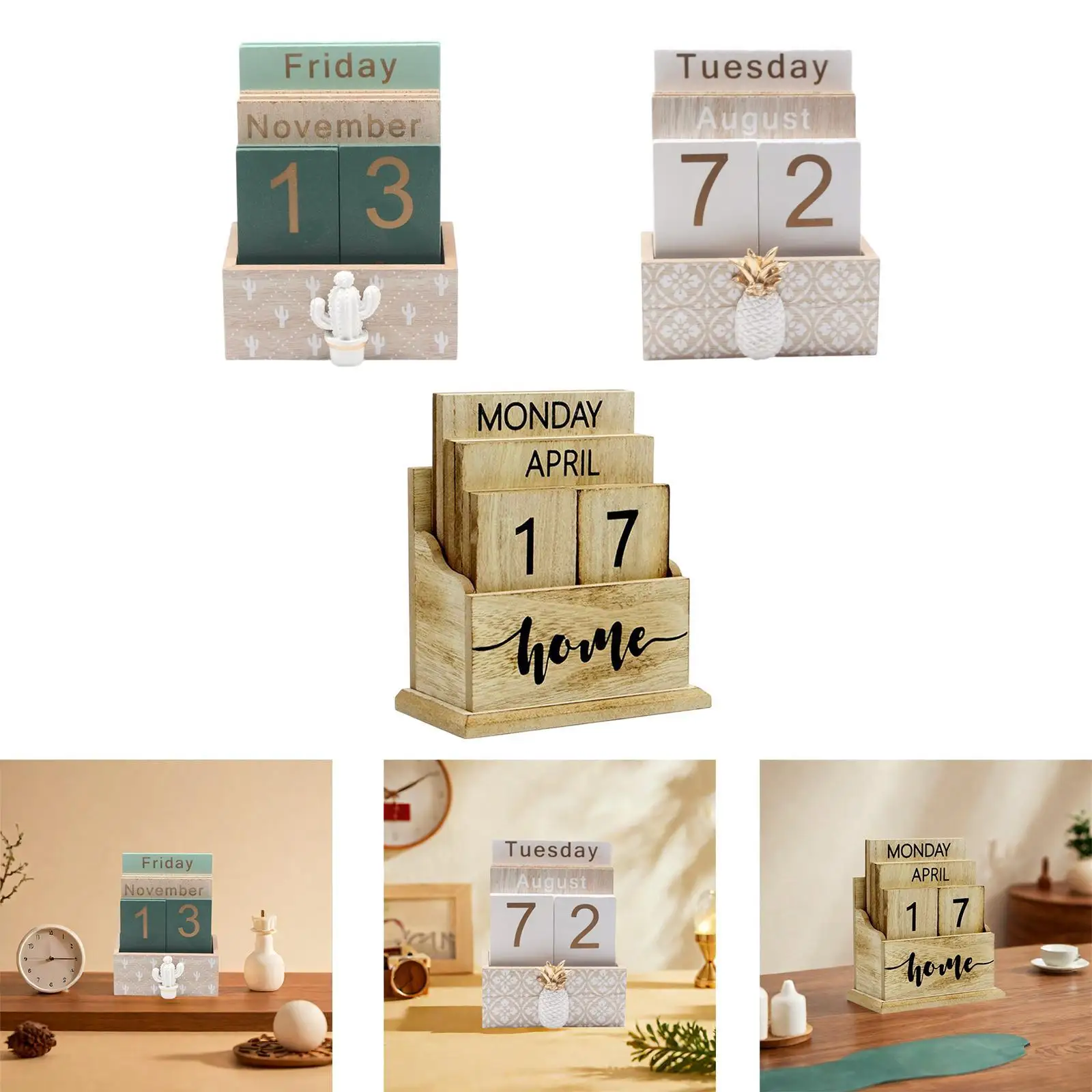 

Perpetual Calendar Week Month Day Display Desktop Wood Block Calendar Desk