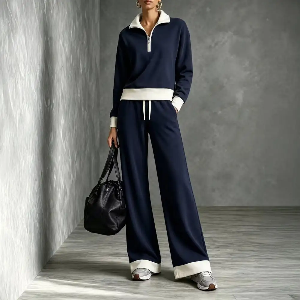 Women Fall Sweatshirt Pants Set, Turndown Collar Half-Zip Pullover Top, Wide Leg Trousers Contrast Color Matching Lounge Set