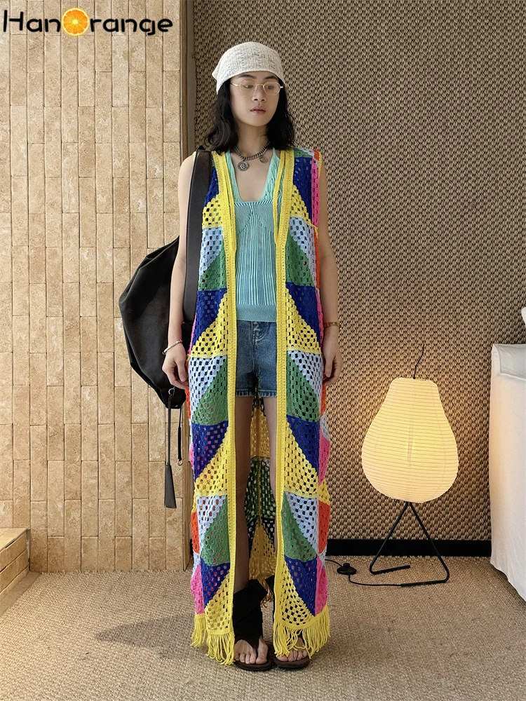 

HanOrange 2026 Spring Summer Bohemian Argyle Knitted Long Cardigan Women Loose Top