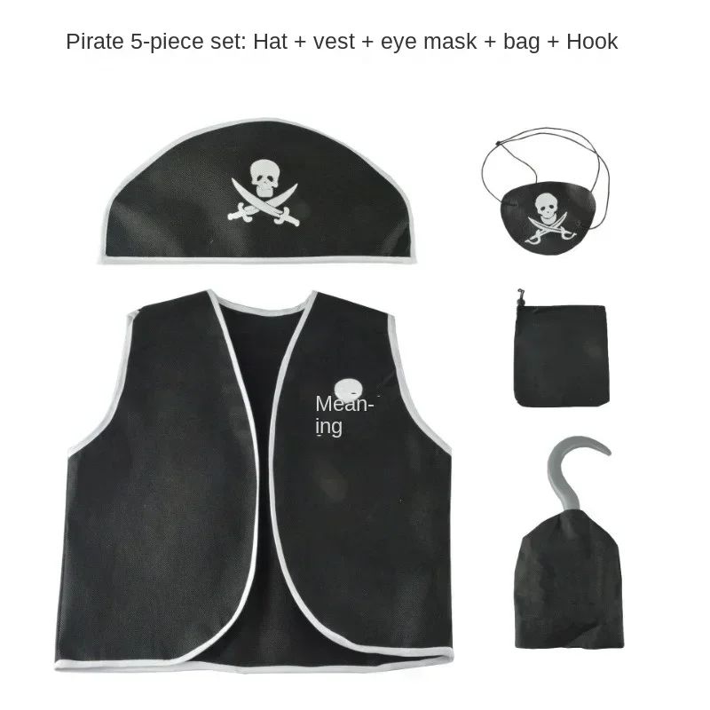 2025 Halloween  Costume de Pirate pour garçon, gilet noir avec chapeau à visière, ensemble de crochets et de sacs de Pirate