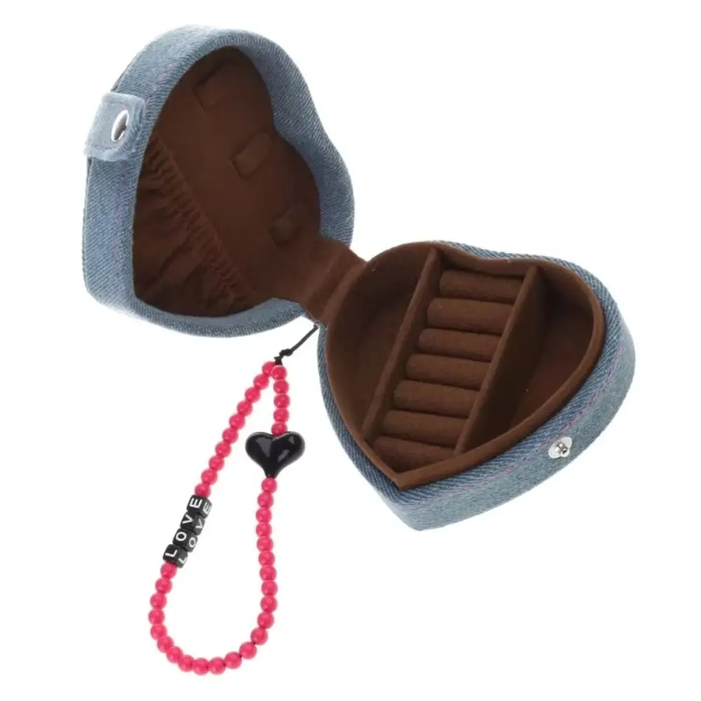 Heart Shaped Jewelry Ring Storage Box Retro Style Embroidered Mini Jewelry Box With Strap Pure Color Cosmetic Bag Necklaces