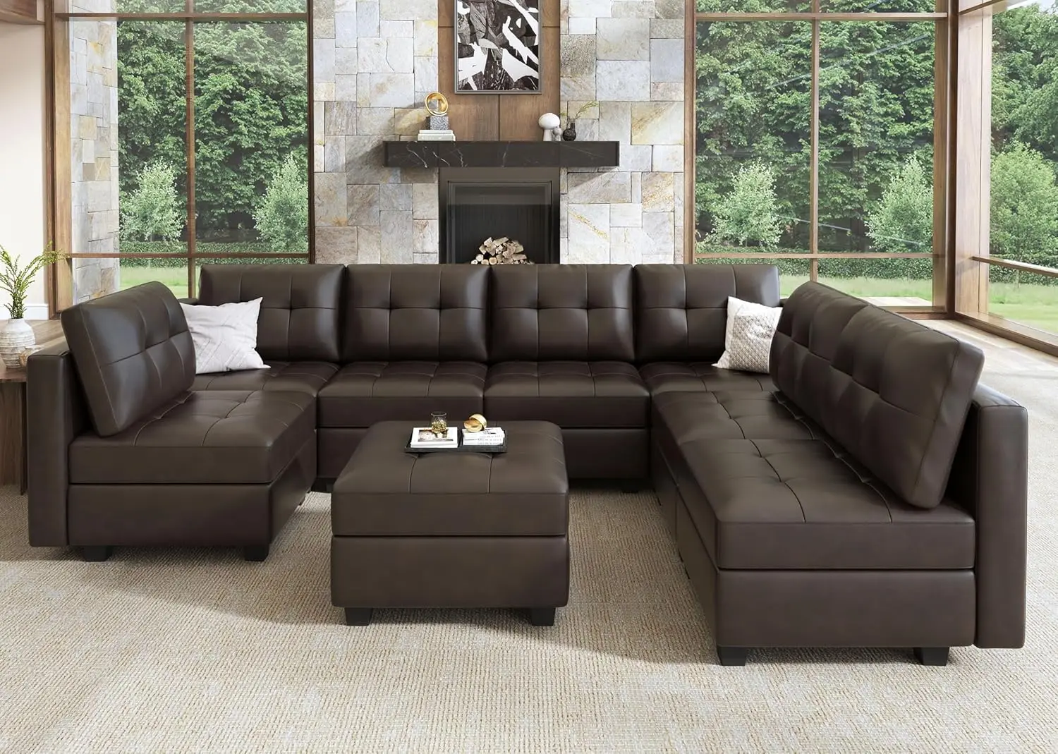 

Modular Sectional Couch with Storage, U Shape Couch with Ottomans and Chaises Faux Leather Sectional Sofa for Living Room, Brown