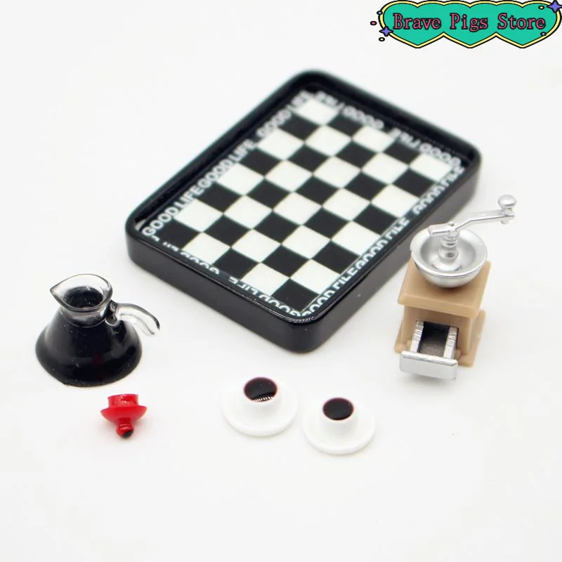 1Set Miniature Coffee Maker Grinder Black And White Checkered Dinner Plate Set Model Accessories Pretend Play Toy