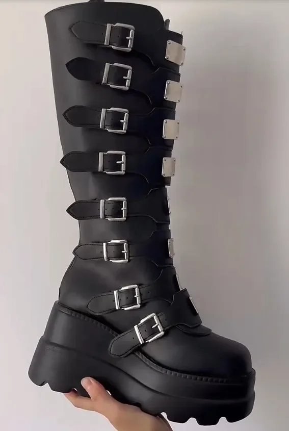 2023 New Fashion Spring Autumn Knee High Boots High Rainbow Wedges Chunky Platform Comfy Walking Gothic Style Women Shoes