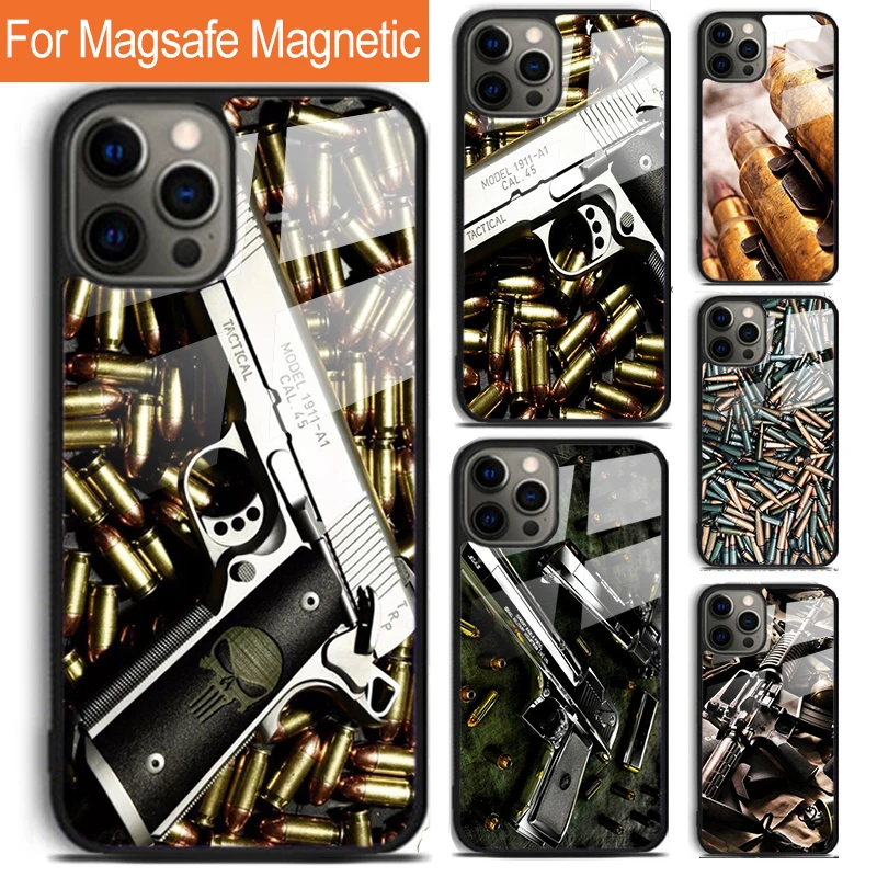 Gun And Bullet Phone Case For iPhone 16 15 14 13 12 11 Pro Max Plus Magsafe Magnetic Wireless Charging Cover