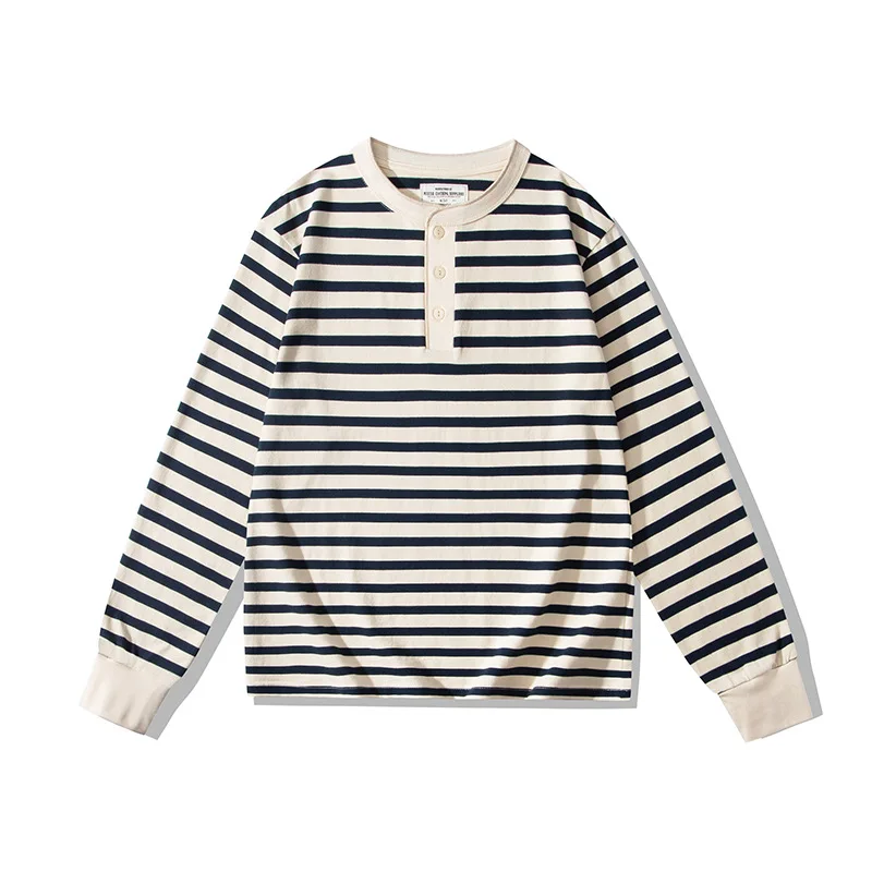 بسيطة مخطط طباعة هنري تي شيرت موضة كم طويل زر علوي الربيع والخريف الرجال عادية تي شيرت الشارع الهيب هوب الرجال الملابس