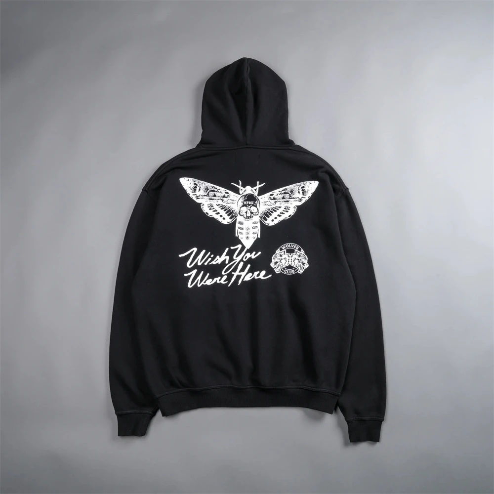 WISH YOU WERE HERE Dead Moth Hooded Hoodies Oversized Flame Wolf Print Fleece Cotton Gym Men Clothing Loose Pollover Unisex Tops