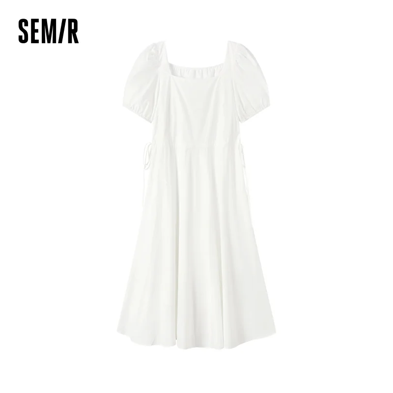

Semir Dress Women Square Neck Puff Sleeve Drawstring 2024 New Summer Version Solid Color Mid-long Dress Gentle