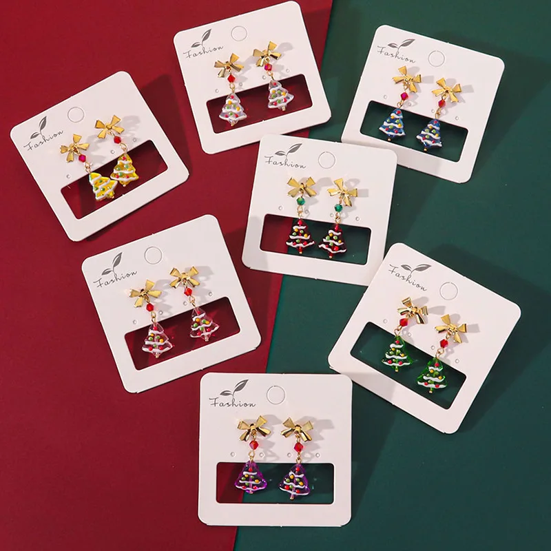 

Christmas new earrings temperament light luxury colored bow glazed Christmas tree earrings girls gift