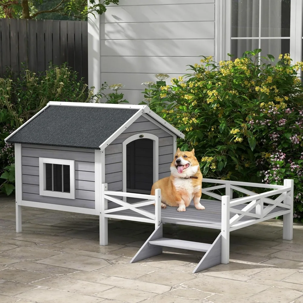 Outdoor Dog House with Porch, Wooden Dog Kennel with Water-Resistant Asphalt Roof, Ladders, Fencing,Window,for and Medium Dog