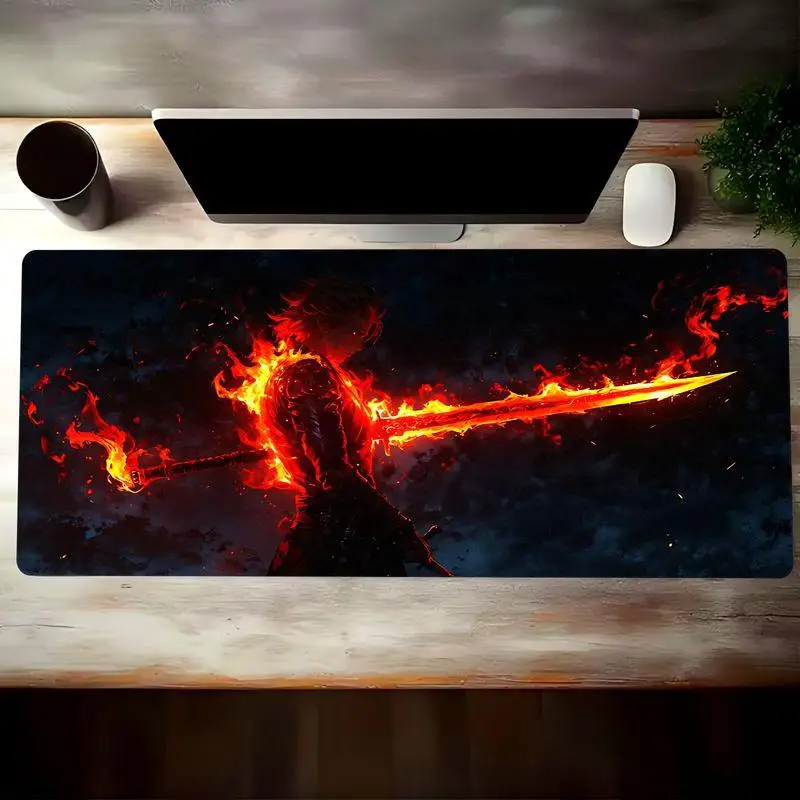 

Игровой коврик для мыши Flaming Sword Warrior XL, большой настольный коврик с нескользящей резиновой основой для ПК, ноутбука, клавиатуры