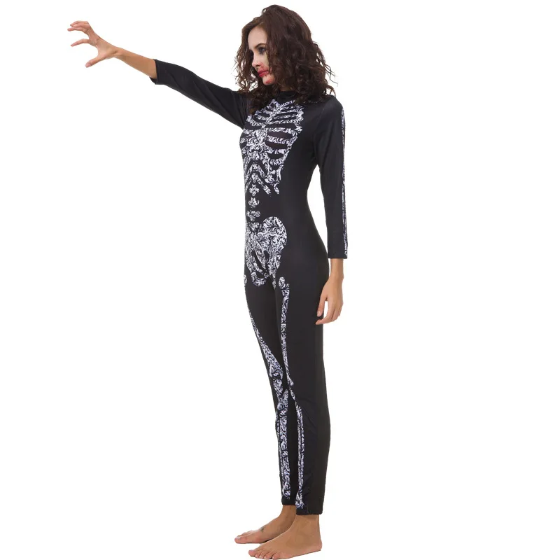 Women Girls Halloween Skeleton Ghost Bride Costume Black Jumpsuit Tights Clothing