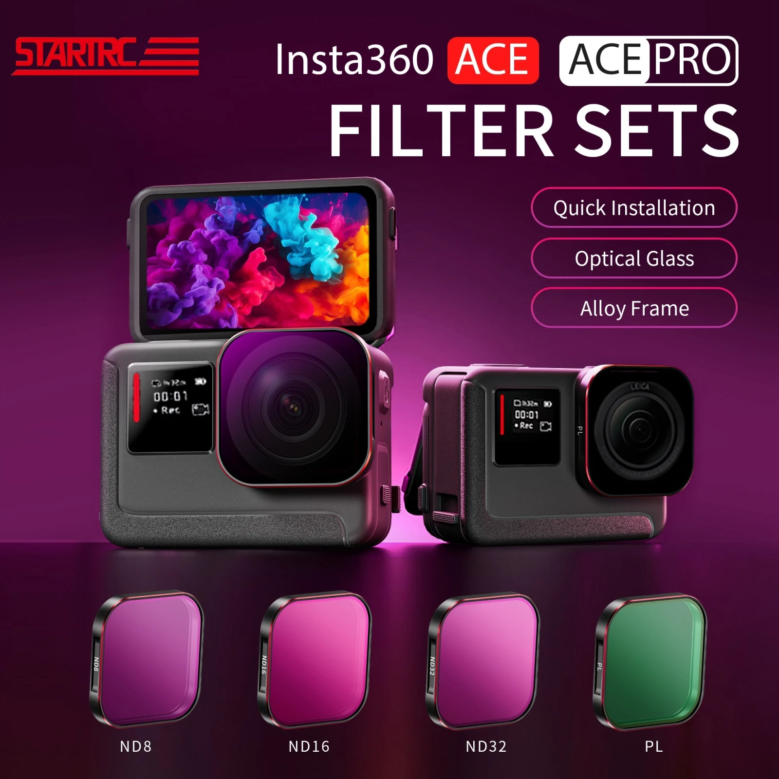 STARTRC 4 in 1 Waterproof Filter Set For Insta360 Ace / Ace Pro Sports Camera PL +ND8 +ND16 +ND32 Glass Lens Filter Accessories