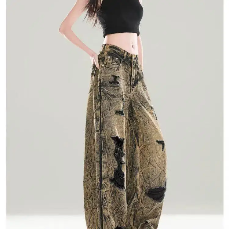 Seasonal new jeans tie-dye and tear-damaged design loose American-style cool girl retro pants wide-leg pants trendy fashion Y2K