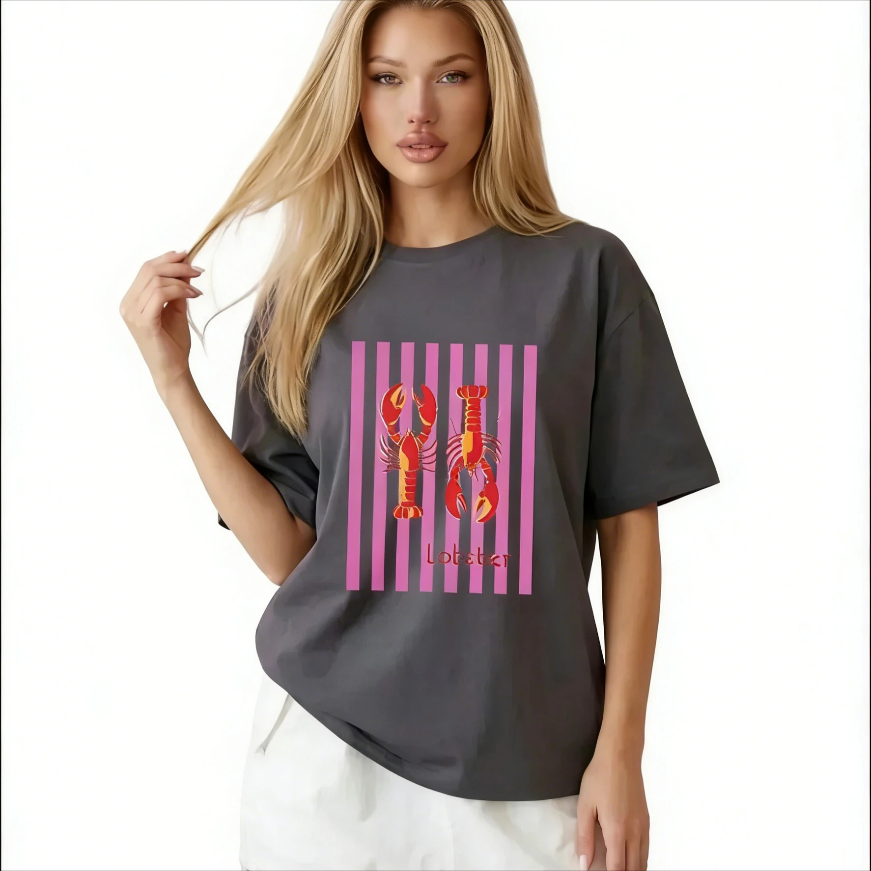 Sweet Cute Retro American Style Lobster Graphic T-Shirt 100% Premium Soft Cotton Tee Oversized Crew Neck Casual Top Summer Beach