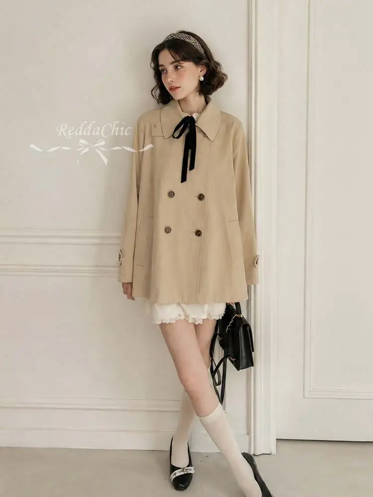 REDDACHiC Women's Bowknot Lapel Trench Coat Korean Office Long Sleeve Double Breasted Loose Windbreaker School Causal Outwear
