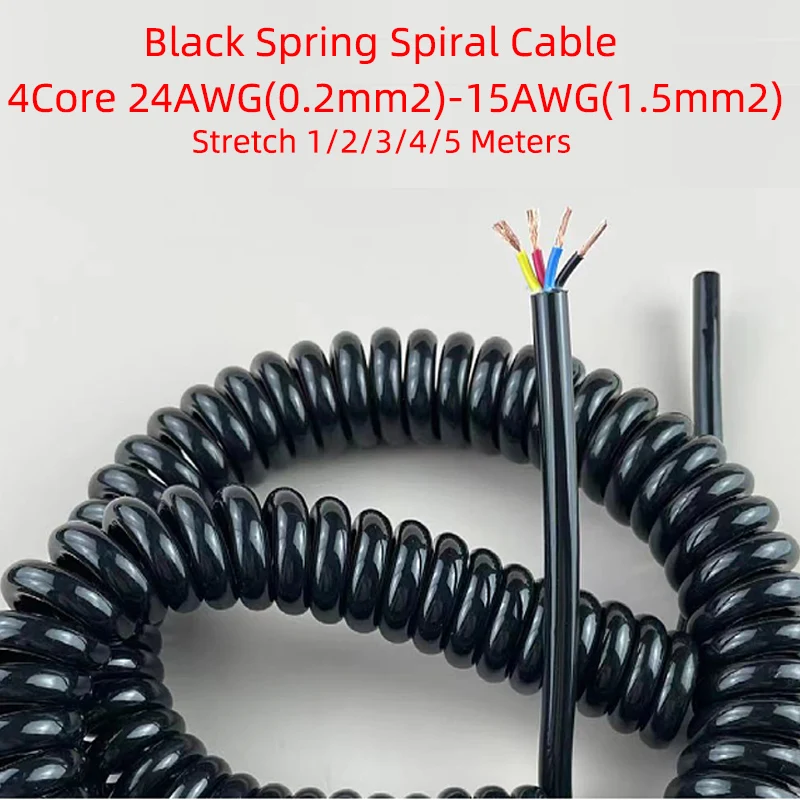 4Core Black Spring Spiral Cable Telescopic 22/20/18/17/15/13AWGWire 0.3mm2-2.5mm2 Stretch1to5Meters Stretchable Shrinkable Cable