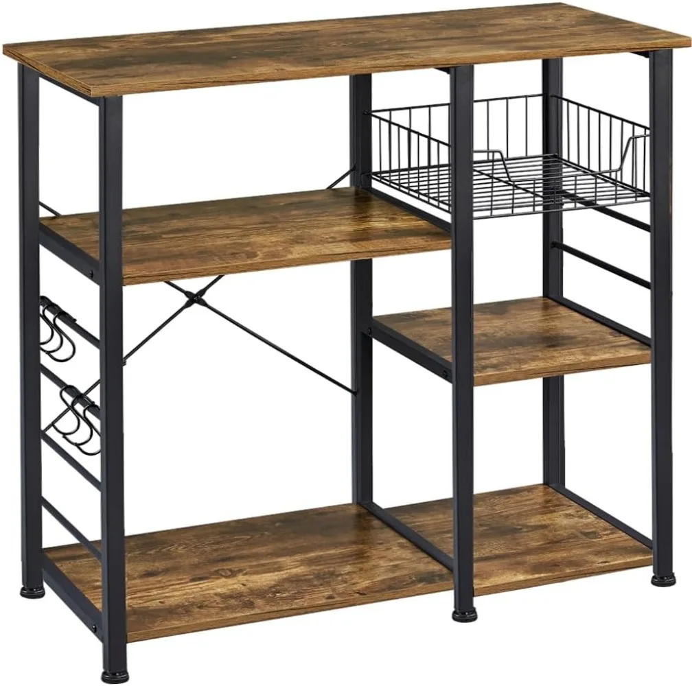 4-Tier Kitchen Baker's Rack, Coffee Bar Microwave Stand Cart with Wire Basket & 6 Side Hooks, Kitchen Organizer Shelf