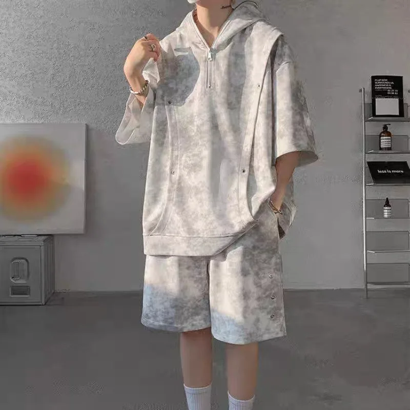 Korean Tie Dye Casual Loose Short Sleeved T-shirt and Shorts 2-piece Set Summer Fashion Men's Hooded T-shirt and Sports Pants