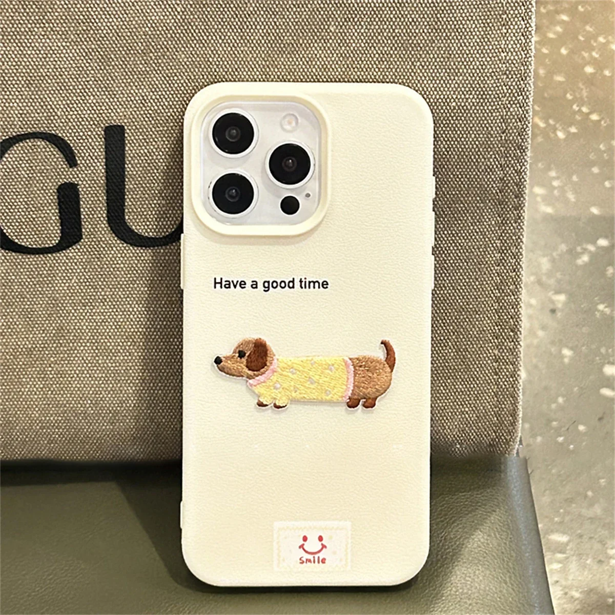 Cute Cartoon Dachshund Litchi Pattern Phone Case For iPhone 16 15 14 13 12 Pro Max 11 Korean Lovely Shockproof Soft Cover Funda